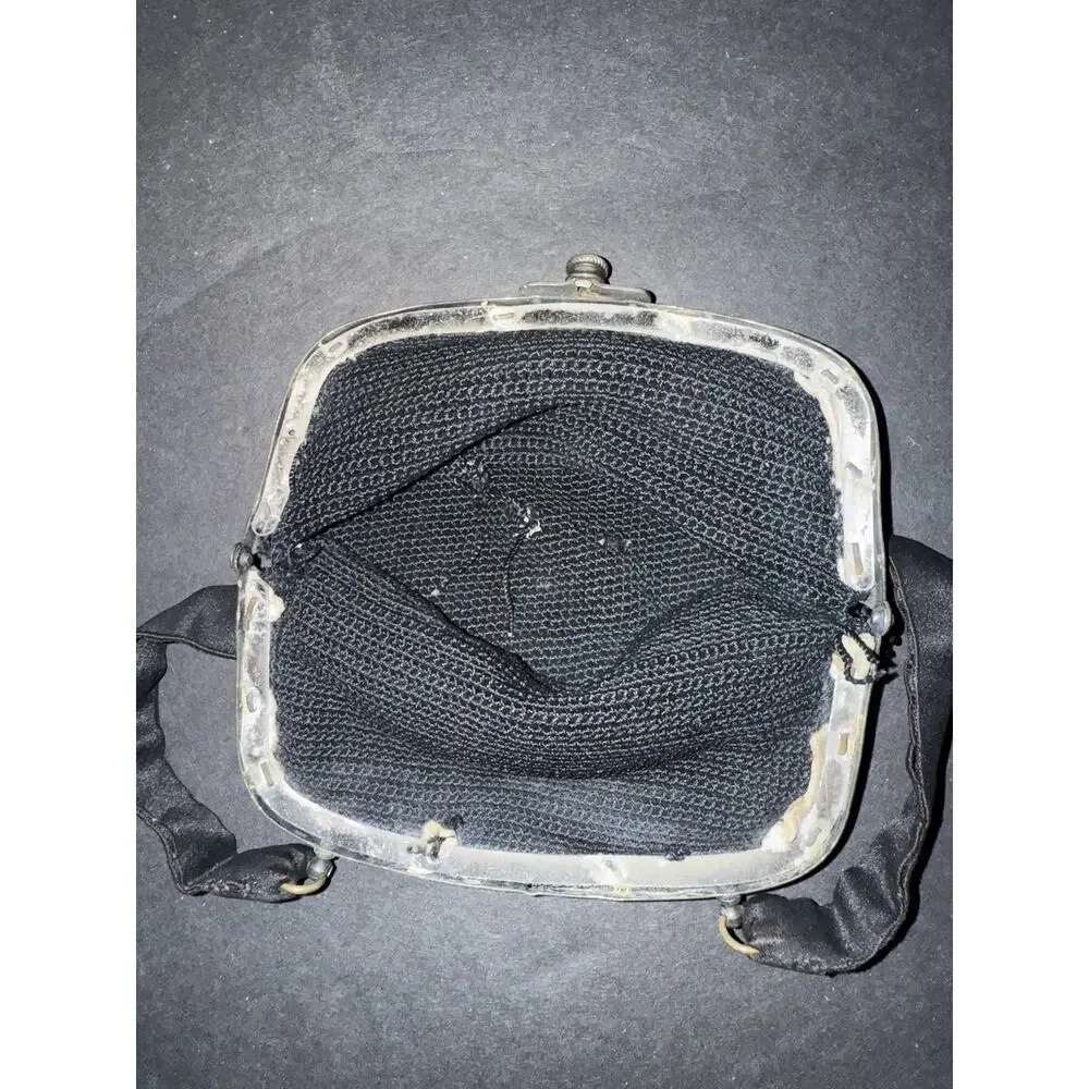 Antique Victorian Crochet Mourning Purse Bag Silver Tone Frame Handbag Black